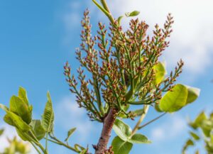 Pistachio flowering. Pistachio blossom. Female flower. Female flower. Female pistachio. Fertilized pistachio flower. Pistachio flowers. Pistachio in bloom. The pistachio flower. Sirora in bloom.